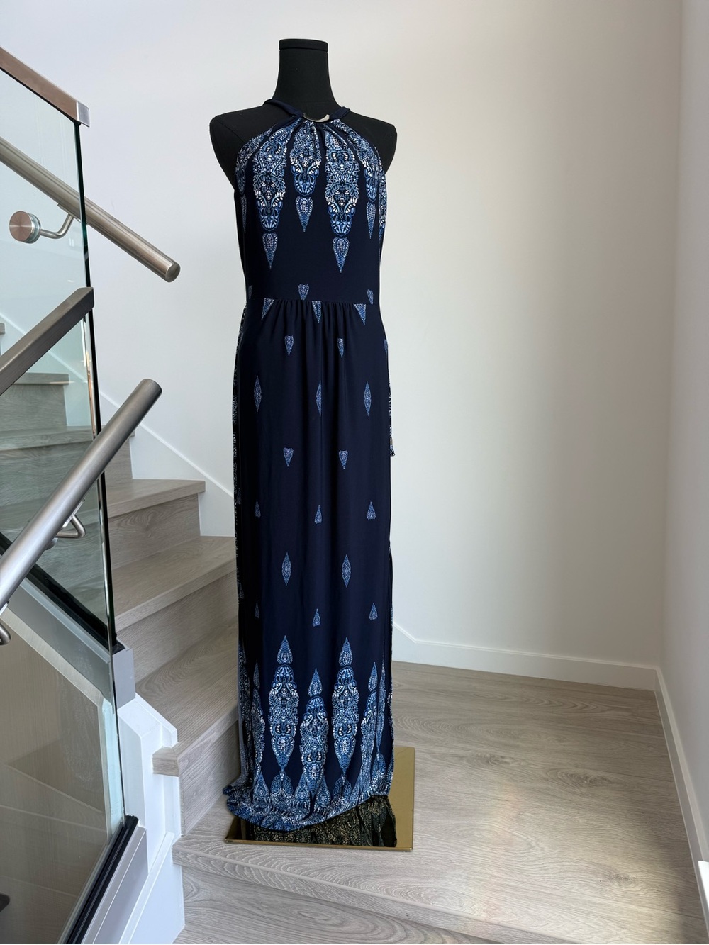 le chateau Navy Halter Maxi Dress with Light Blue Print